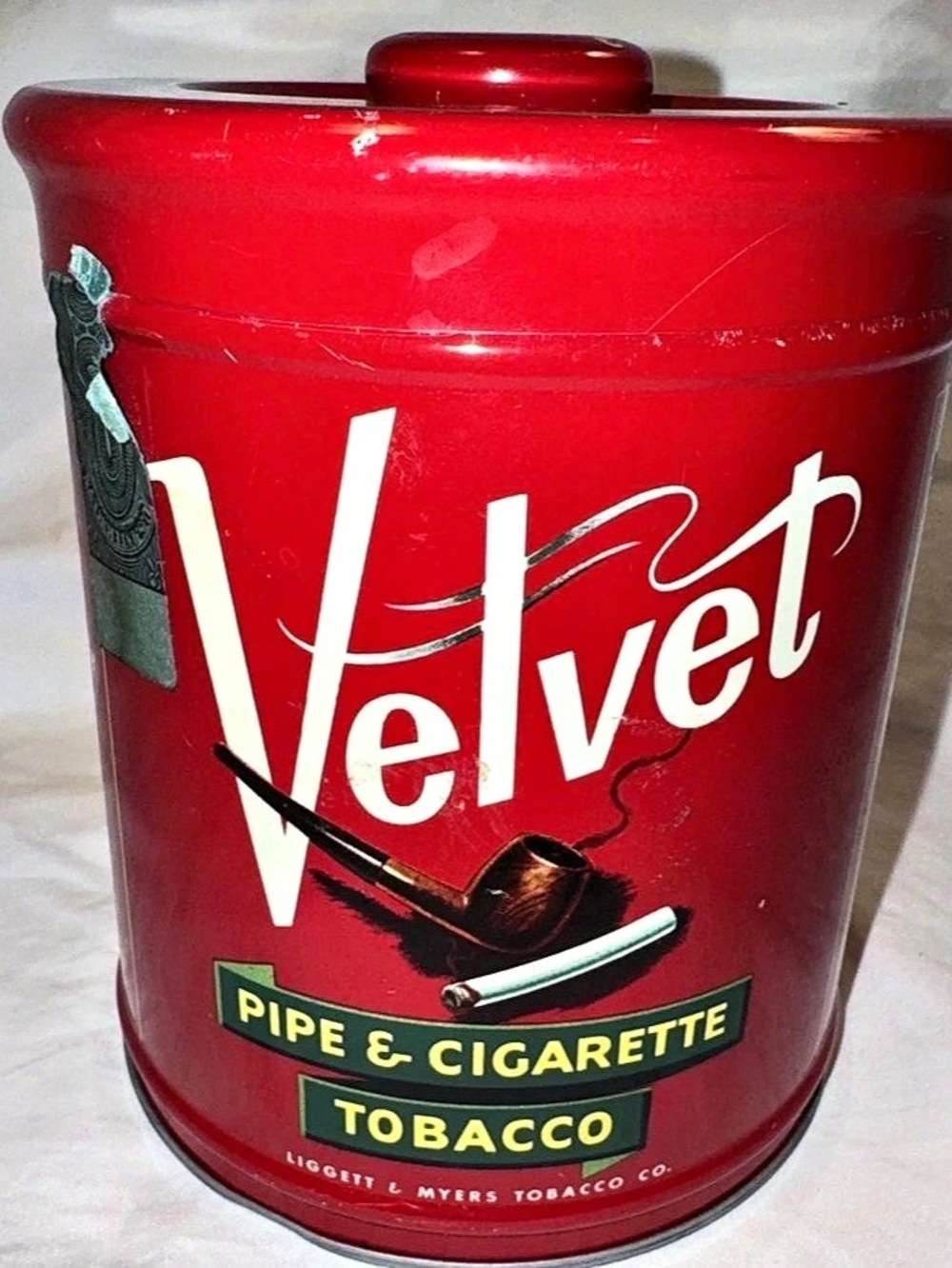 Velvet Pipe and Cigarette Tobacco Canister with Lid Red